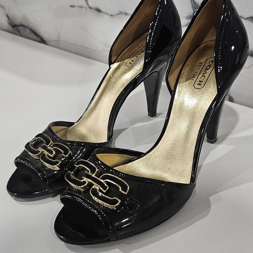 Authentic Coach Black and Gold Belinda Open Toe Heels Pumps US 7.5B - Picture 11 of 11